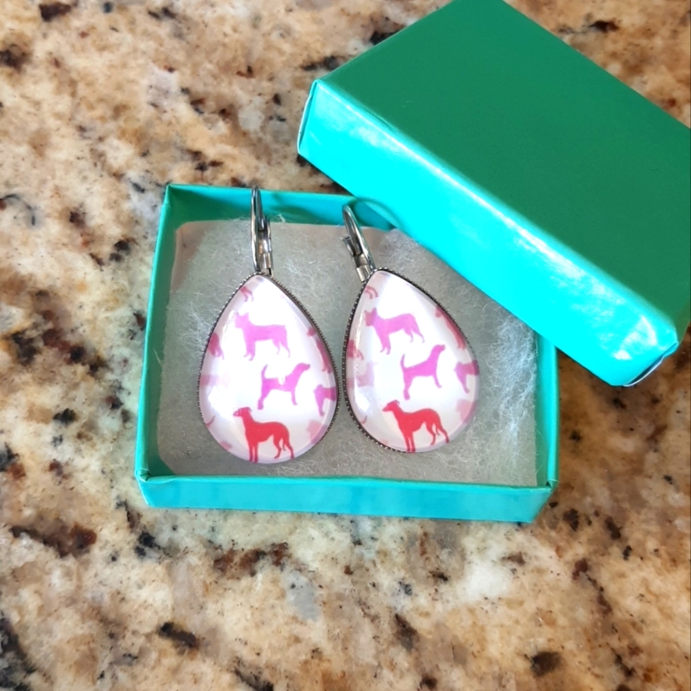 Pink Dog Print Teardrop Earrings